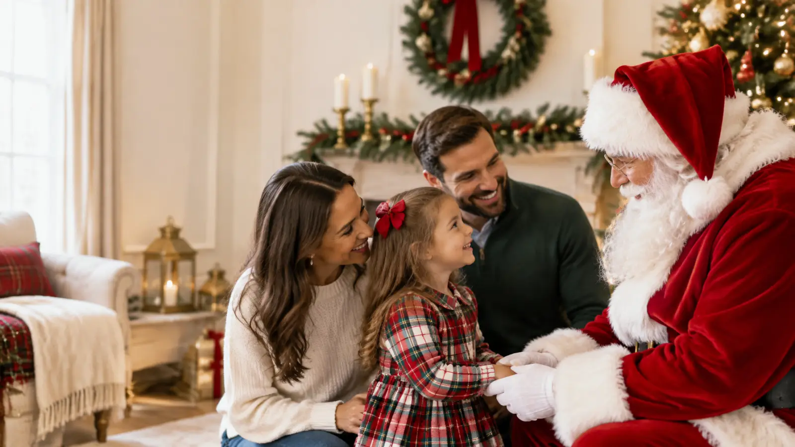 Santa Claus in a classic red suit greeting a smiling family in a warm Christmas room