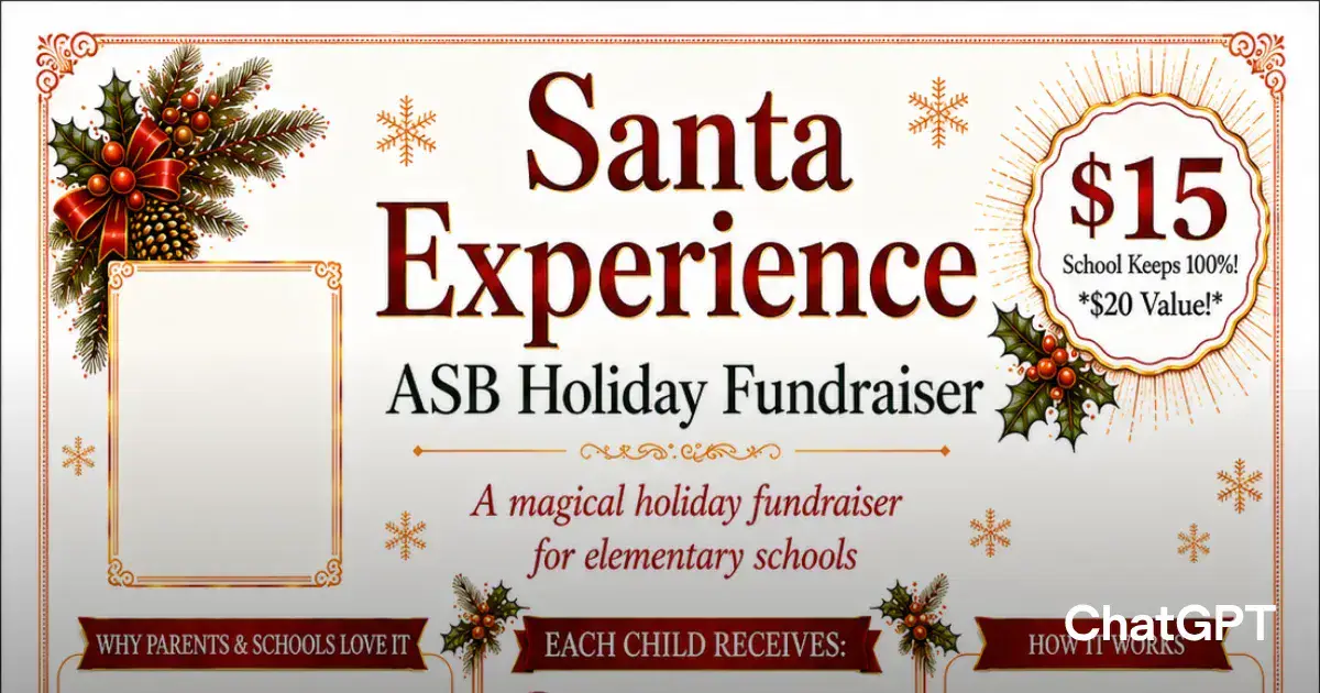 Santa Experience ASB Holiday Fundraiser flyer advertising a $15 school fundraiser for elementary schools