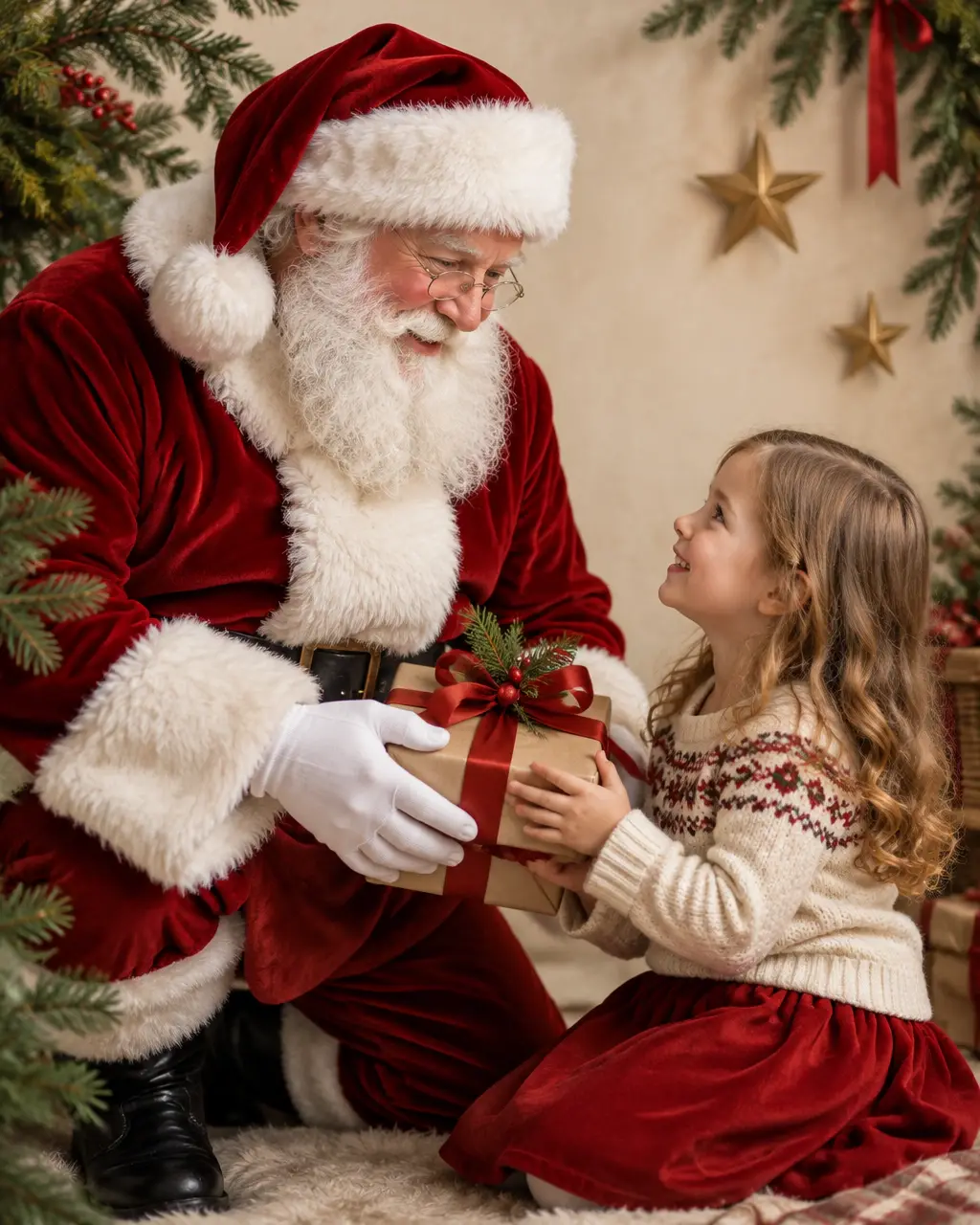 Santa Claus sharing a wrapped holiday gift with a smiling child