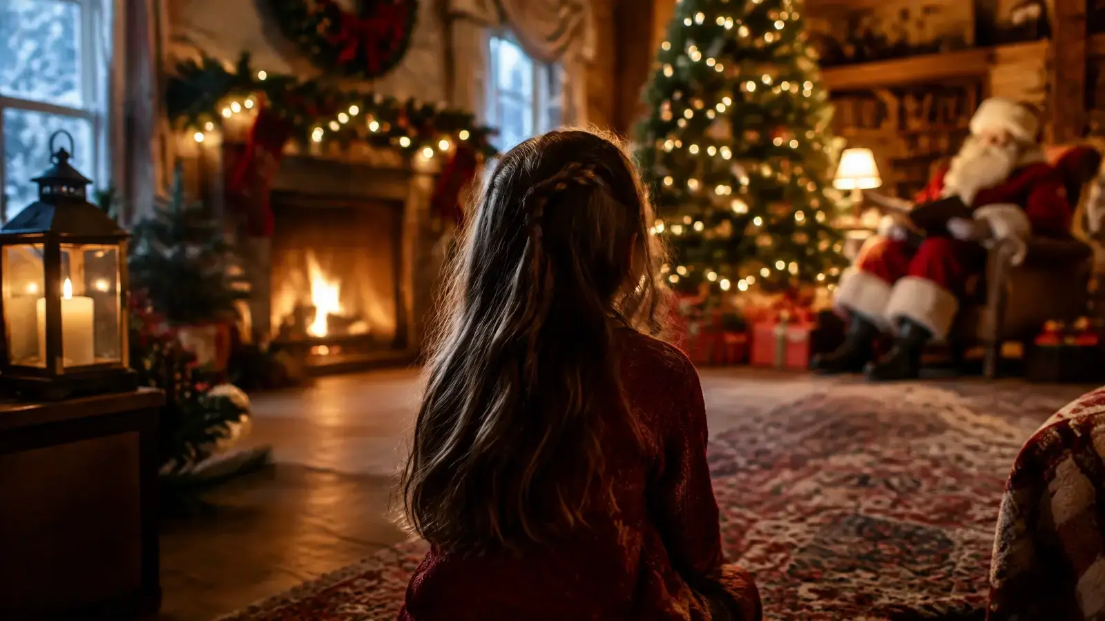 Santa Claus waiting beside a Christmas tree as a child comes to visit