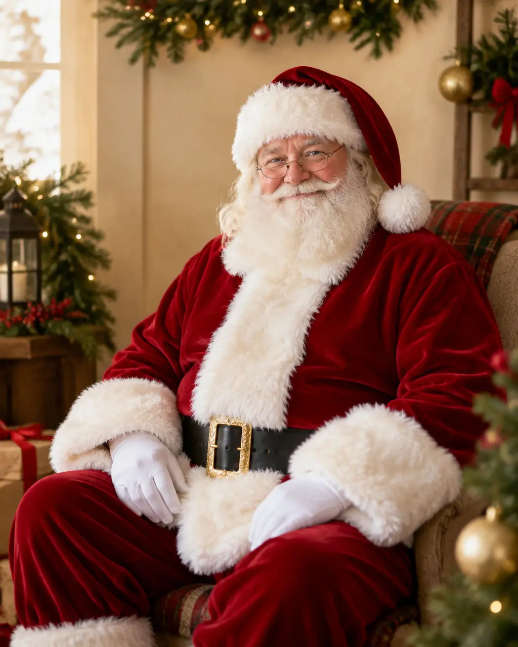 Warm portrait of a smiling Santa Claus in a classic red velvet suit beside a Christmas tree